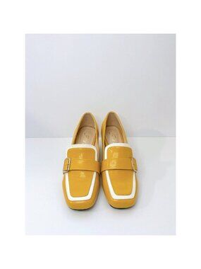 Size 8 Women’s Yellow Block Heel Loafers Square Toe Buckle Pumps Retro Chic